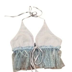 Y2K Light Blue Mesh Halter Tie Tank Top Vintage Fairy Whimsical Coquette 90s